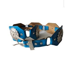 Vtg Blue Leather Octagon Concho Western Boho Hippie Silver Buckle Belt